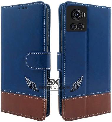 PAKME XUSIVE Flip Cover for OnePlus 10R 5G -Dual-Color Leather Finish Wallet - Blue & Brown