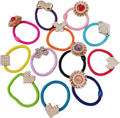 SENECIO® 12Pc Set Crystal Rhinestone Studded Multi Shape Multicolor Hair Tie Scrunchies Rubber Band
