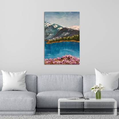 DecorGlance Mountain River Sketch Print on Canvas Wall Painting Canvas 36 inch x 24 inch Painting