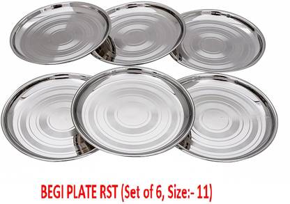 SEGA Stainless Steel Plates 22G BEGI PLATE RST (Set of 6, Size:- 11), Silver Dinner Plate