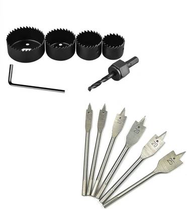 Kshivi HB:010 Combo Of 6 Pcs Holesaw Cutter Set Hole Saw Drill Bit Kit 32mm/38mm/44mm/ /54 And 6 Pcs Flat Drill Bits Best for Cutting Round Wood, Plastic Wood Cutter