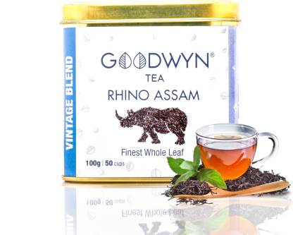 Goodwyn Rhino Assam, Ultimate Whole Leaf (Orthodox) Black Tea, 100 Grams, Makes 50 Cups Black Tea Box