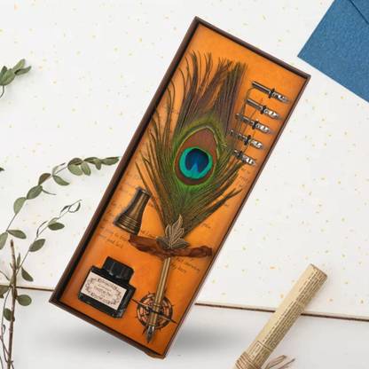 Royalkart Peacock Feather Dip Calligraphy Pen Set (5 Nibs With Ink Container & Pen Base)
