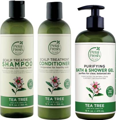 Petal Fresh Scalp Treatment Shampoo & Conditioner & Purifying Bath & Shower Gel Tea Tree Value Pack of 3 (355 Ml, 355 Ml, 475 Ml)
