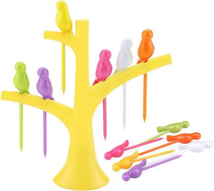 Manavata Fruit and Salad Fork Set in Bird Shape with Tree Stand for Kitchen & Dining Disposable Plastic Fruit Fork