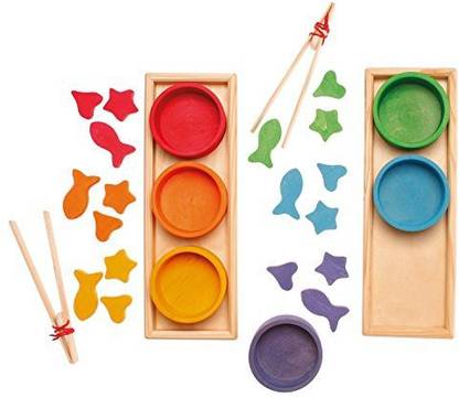 Grimm's Spiel and Holz Design Grimm's Rainbow Bowls Shape & Color Sorting Game/Activity Set with Grabbing Tongs