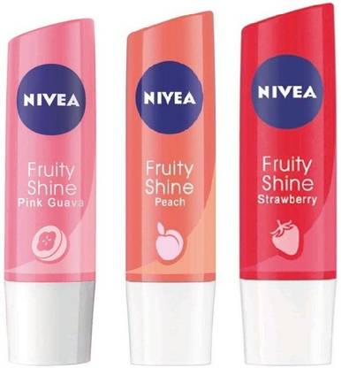NIVEA Lipcare Fruity Shine (Pack of 3) Peach, Pink Guava, Stawberry