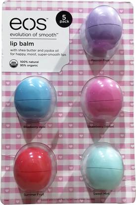 eos Lip Balm Set Of 5 Blueberry Acai, Passion Fruit, Sweet Mint, Summer Fruit, Strawberry Sorbet