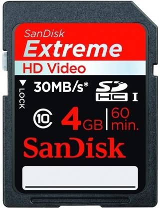 SanDisk Extreme HD Video SDHC 4 GB 30MB/s RTL PR Class 10 Extreme 4 GB SDHC Class 10 30 MB/s  Memory Card Compatible with Camera, Mobile