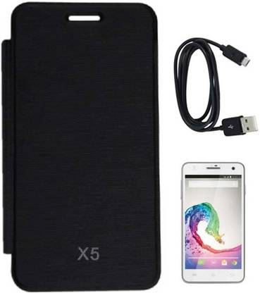 TBZ Flip Cover Case for Lava Iris X5 with Screen Guard and Data Cable Accessory Combo