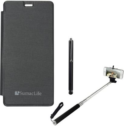 SumacLife PU Leather Flip Cover Case for Gionee M2 , Selfie Stand Stick & Stylus Accessory Combo