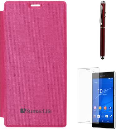SumacLife Premium Flip Cover Case for Sony Xperia Z3 , Laser Torch Stylus Pen & Matte Screen Accessory Combo