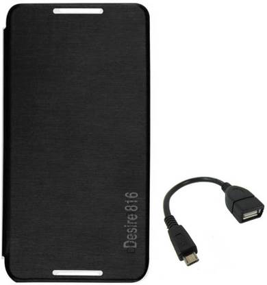CHEVRON Flip Cover For HTC Desire 816 With USB OTG Cable Black Accessory Combo
