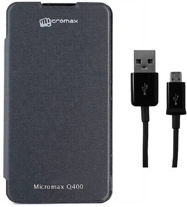 Coverage Coverage Flip Cover + Data Cable For Micromax Canvas Blaze 4G Q400 -Black Accessory Combo