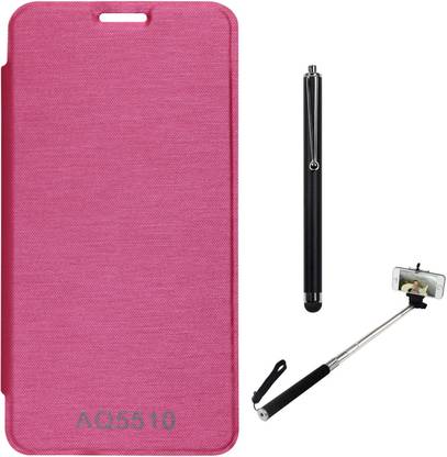 DMG Premium Hot Pressed PU Leather Flip Cover Case for Micromax Yureka Yu AQ5510 (Magenta), Selfie Stand Stick, Stylus Accessory Combo
