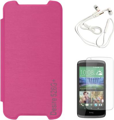 DMG PU Leather Flip Cover Case for HTC Desire 526 G Plus , White Earphones & Matte Screen Accessory Combo