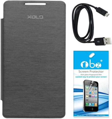 TBZ Flip Cover Case for XOLO A500S Lite with Screen Guard and Data Cable Accessory Combo