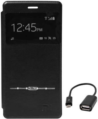 DMG Premium Leather Metal Button Flip Cover Smart View Case for Xiaomi Mi4 (Black), USB OTG Cable Accessory Combo