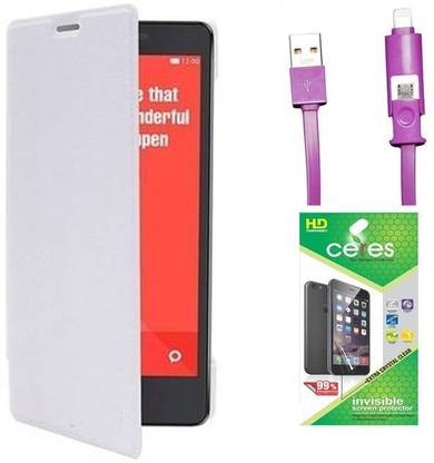 Ceres Flip Cover Case With HD Screen Guard & 2 In 1 Data Cable (Micro Usb & Lighting) For Xiaomi Redmi Note 4G Accessory Combo