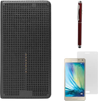 DMG Premium Dot View Flip Cover Case For Samsung Galaxy A5 SM-A500 (Black), Laser Torch Stylus Pen and Matte Screen Accessory Combo