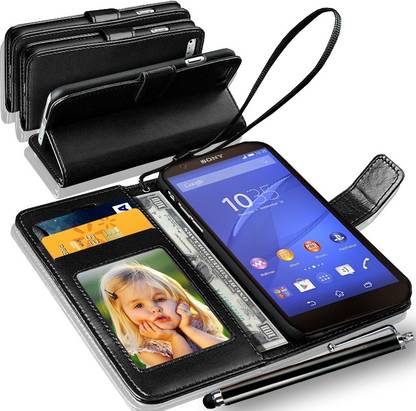 N+India Sony Xperia Z3 Compact Wallet Case Cover With Touch Stylus Pen Black Accessory Combo