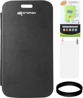 DMG Flip Cover for Micromax A115 Canvas 3D (Black) with 6600 mAh PowerBank and Screen Guard and Wristband Accessory Combo