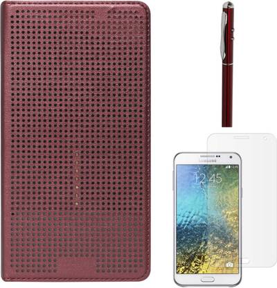 DMG Premium Dot View Flip Cover For Samsung Galaxy E7 SM-E700, Laser Torch Stylus Pen and Matte Screen Accessory Combo