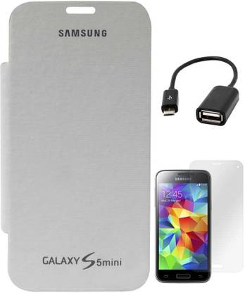 DMG Back Replace Flip Book Diary Case Cover for Samsung Galaxy S5 Mini SM-G800H (White), Screen Guard, USB OTG Cable Accessory Combo