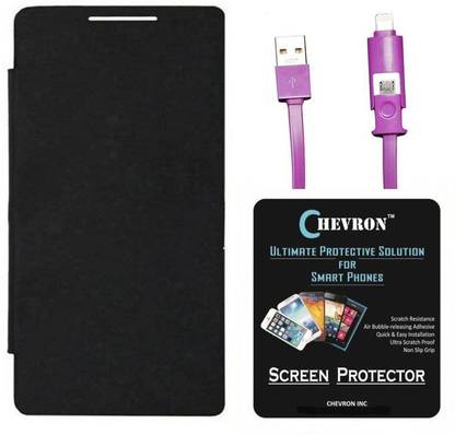 CHEVRON Flip Cover Case for Lava Pixel V1 Android One with HD Screen Guard & 2 In 1 Data Cable (Micro USB & Lighting) Accessory Combo