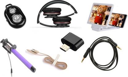 Techvik Selfie Stick Accessory Combo for 7 in 1 Mobile Tablet Kit of Monopod, Bluetooth Remote Shutter, F1 Screen Enlarge, Headphone, Dual Micro USB, Flat Aux Cable, OTG Adapter