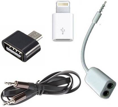 Techvik OTG Adapter Accessory Combo for Universal Mobile SmartPhones and Tablets with Set of Stereo Flat Aux cable, Y spliter and Micro iphone 5 & 6 Adapter converter