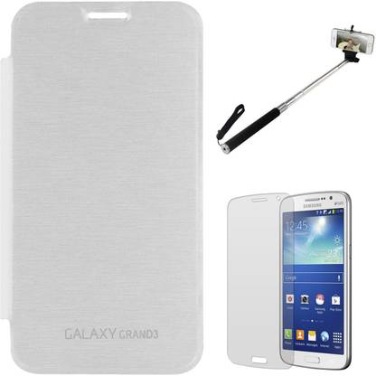 DMG Smooth PU Leather Back Replace Flip Cover For Samsung Galaxy Grand Max SM-G7200 (White), Matte Screen, Selfie Stand Stick Accessory Combo