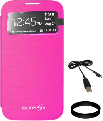 DMG S View Flip Cover for Samsung Galaxy S4 i9500 (Magenta) with Data Cable and Wristband Accessory Combo