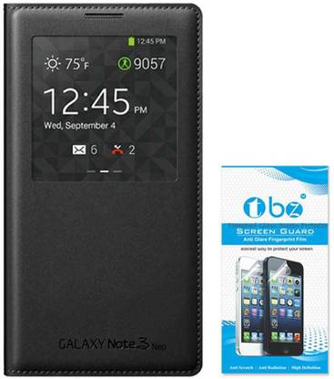 TBZ TBZ S View Leather Sensor Flip Cover Case for Samsung Galaxy Note3 Neo with Tempered Glass Screen Guard -Black Accessory Combo