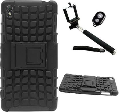 DMG Dual Hybrid Hard Grip Rugged Kickstand Armor Case for Sony Xperia Z3 (Black), Handheld Selfie Monopod with Bluetooth Clicker Accessory Combo