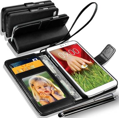 N+India LG G3 Wallet Case Cover With Touch Stylus Pen Black Accessory Combo