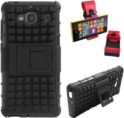 DMG Dual Hybrid Hard Grip Rugged Kickstand Armor Case for Xiaomi Redmi 2 Prime (Black) + Car Steering Holder Accessory Combo