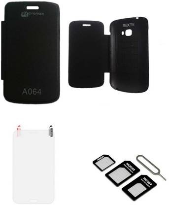 IEI Flip Cover For Micromax Bolt A064 WITH SCREEN GUARD & MICRO/NANO SIM ADAPTER - Black Accessory Combo