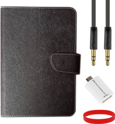 BuyeZyy Flip Cover For Lava QPAD R704 Tablet With Smart Otg, Aux Cable and Wrist band Accessory Combo