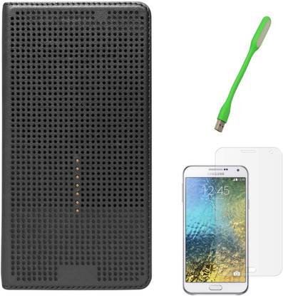 DMG Premium Dot View Flip Cover For Samsung Galaxy E5 SM-E500, Mini USB LED Light Lamp and Matte Screen Accessory Combo