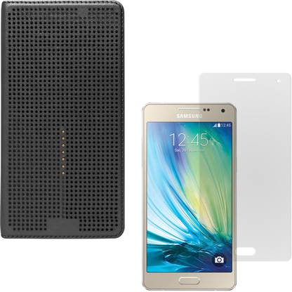 DMG Premium Dot View Flip Cover Case For Samsung Galaxy A5 SM-A500 (Black), Tempered Glass Screen Accessory Combo