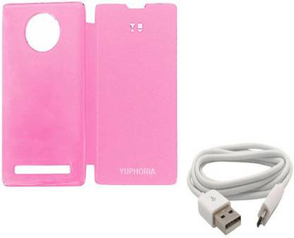 Urbanation Flip Cover With 1.5 Meter Usb Data Cables For Micromax Yuphoria Yu5010_pink Accessory Combo