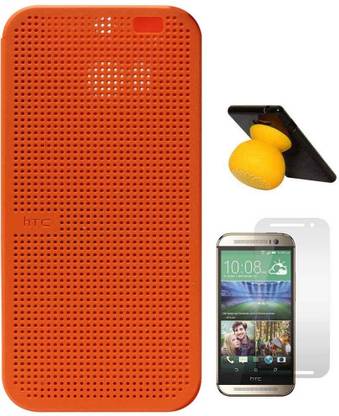 DMG Premium Dot View Flip Cover Case For HTC One M8 (Orange), Bluetooth Suction Stand Speakers, Matte Screen Accessory Combo