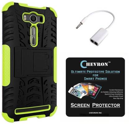 CHEVRON Tough Hybrid Armor Back Cover Case with Kickstand for Asus Zenfone 2 Laser 5.5 inch with HD Screen Guard & Audio Splitter (Green) Accessory Combo