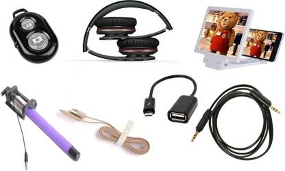 Techvik Selfie Stick Accessory Combo for 7 in 1 Mobile Tablet Kit of Monopod, Bluetooth Remote Shutter, F1 Screen Enlarge, Headphone, Dual Micro USB, Flat Aux, OTG Cable