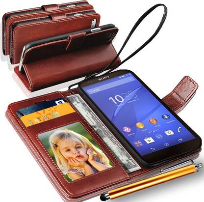 N+India Sony Xperia Z3 Compact Wallet Case Cover With Touch Stylus Pen Brown Accessory Combo