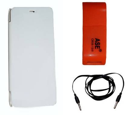 ASE Flip Cover For Micromax A106 Unite 2,AUX Cable,Card Reader Accessory Combo