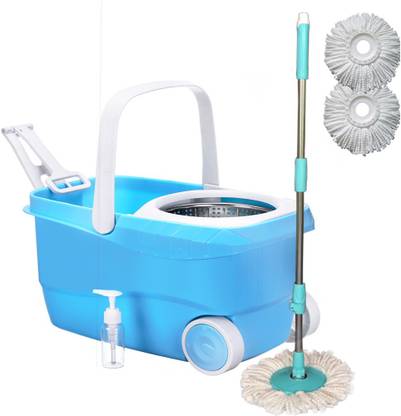 Cherrylite Cleanwell Steel Spin Blue Bucket With Wheels and Extra 2 Mop Refills Mop Set