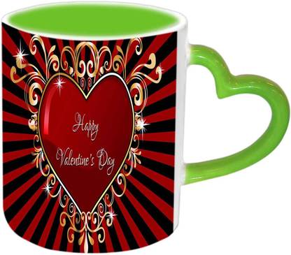 Raj Laxmi Shine Heart Green Handle Valentine Ceramic Coffee Mug
