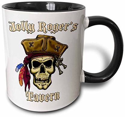 3dRose mug_22844_4 Pirate Skull with Jolly Roger S Tavern Two Tone Black, 11 oz, Black/White Ceramic Coffee Mug